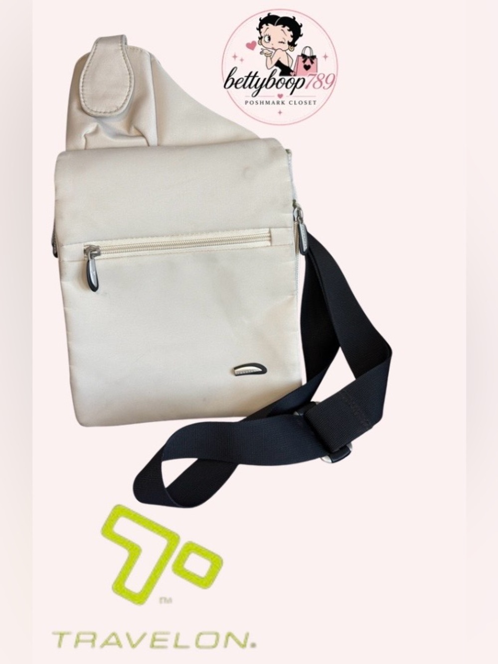 Travelon Cream Crossbody Sling with Black Strap